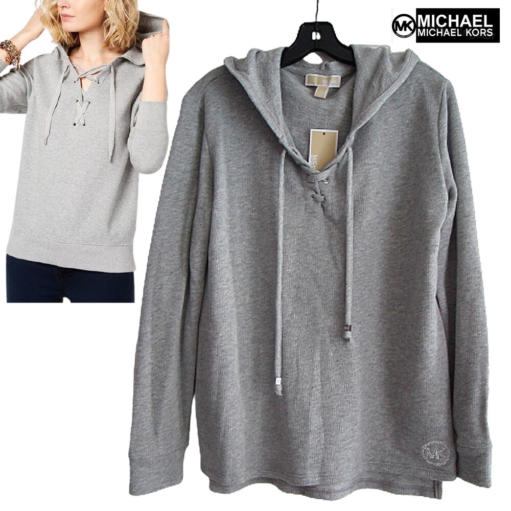 MICHAEL Michael Kors NEW Light Academia Lace-Up Slits Backtail Hoodie Sweater M